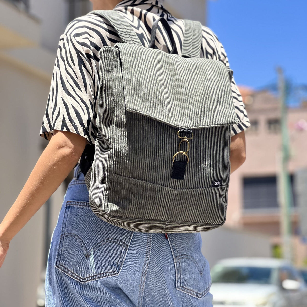 Green-Grey Corduroy Medium Students Backpack