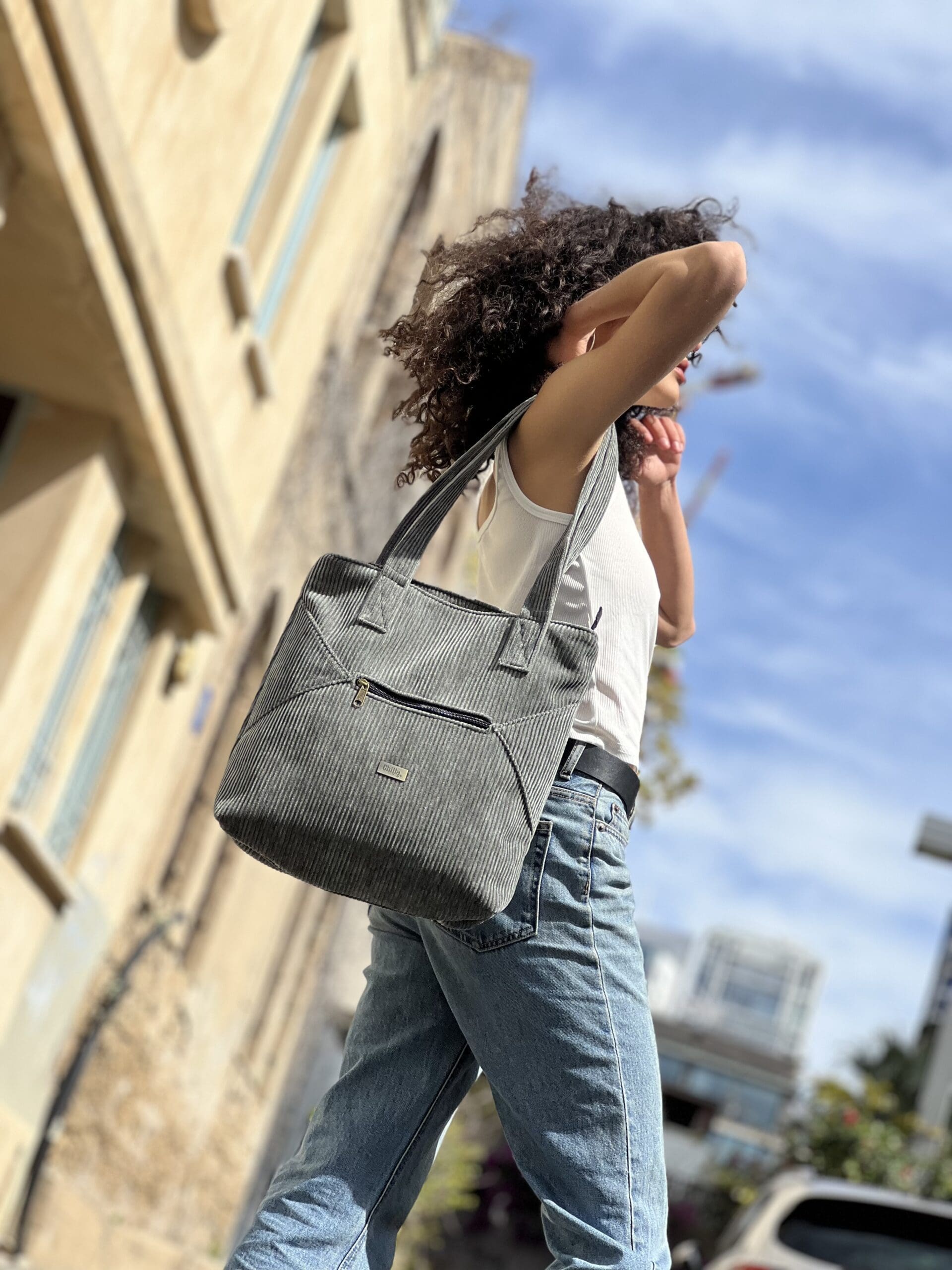 Green-Grey Corduroy Large Tommy Side Bag