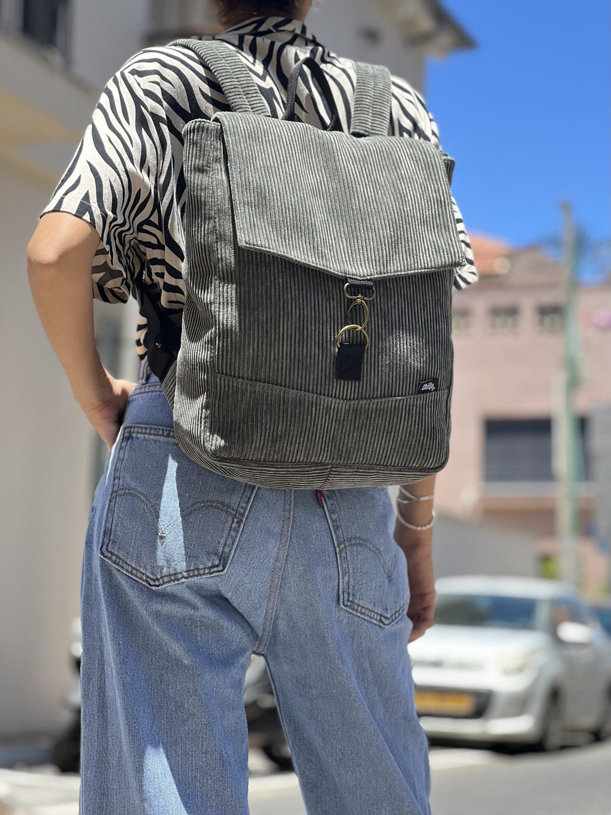 Green-Grey Corduroy Medium Students Backpack