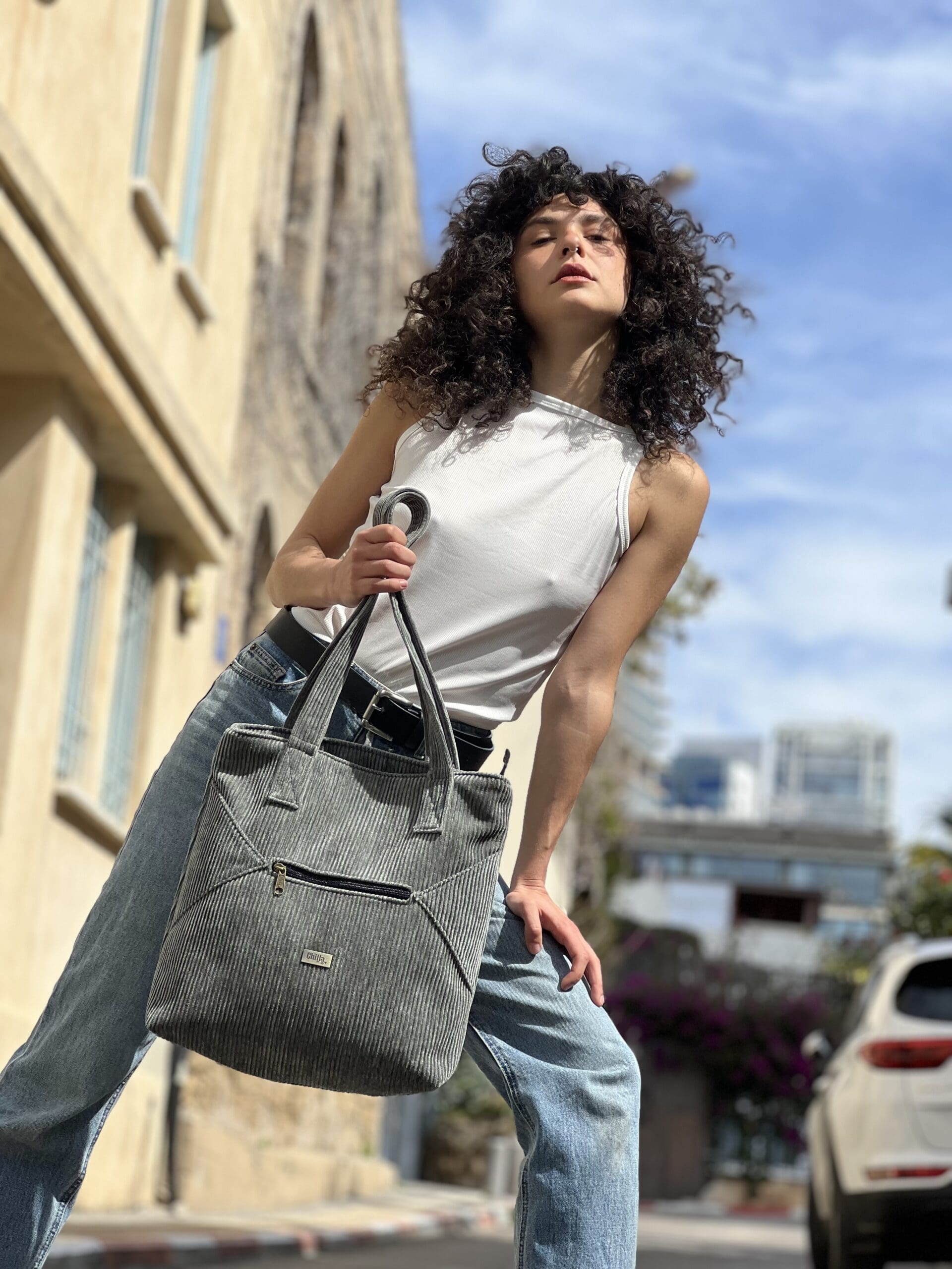 Green-Grey Corduroy Large Tommy Side Bag