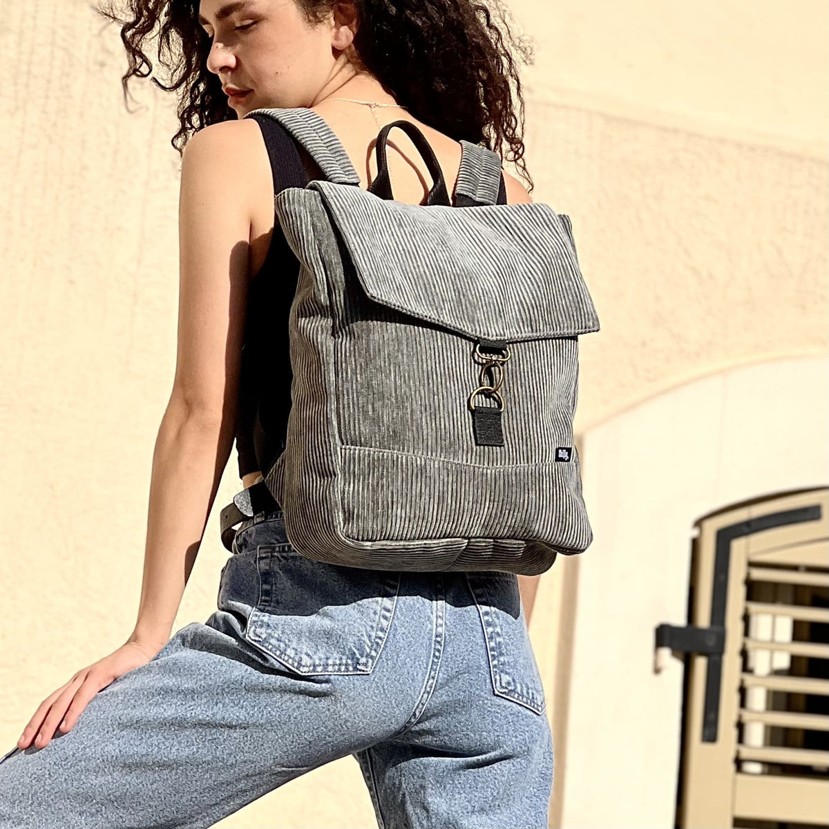 Green-Grey Corduroy Medium Students Backpack