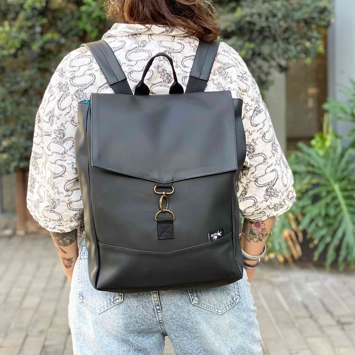 Matte Black Leather-Like Medium Students Backpack