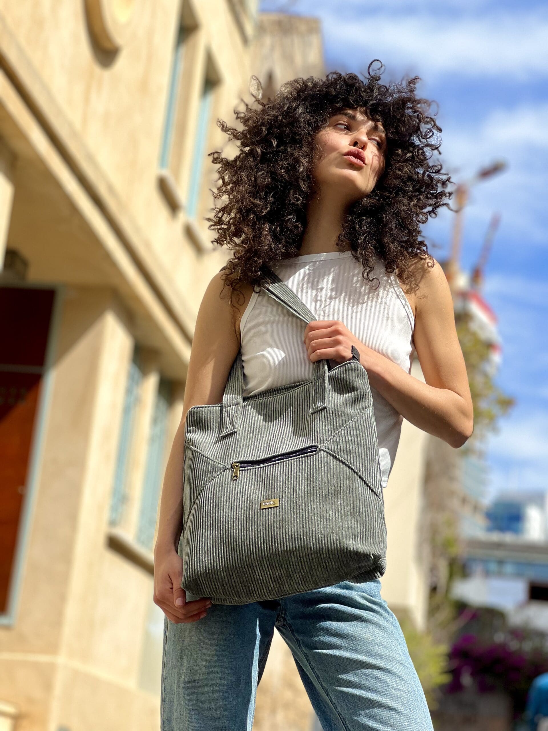 Green-Grey Corduroy Large Tommy Side Bag