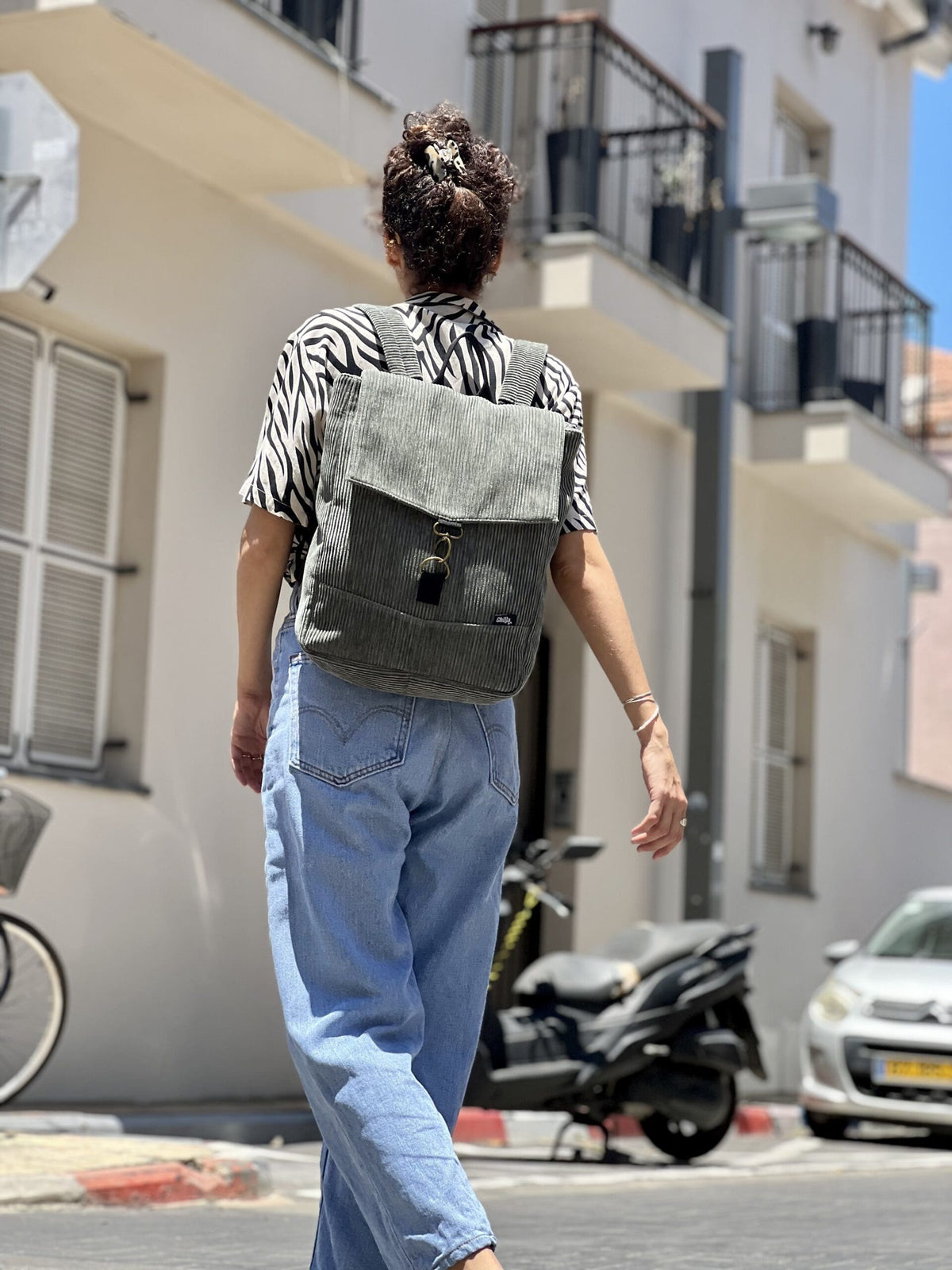 Green-Grey Corduroy Medium Students Backpack