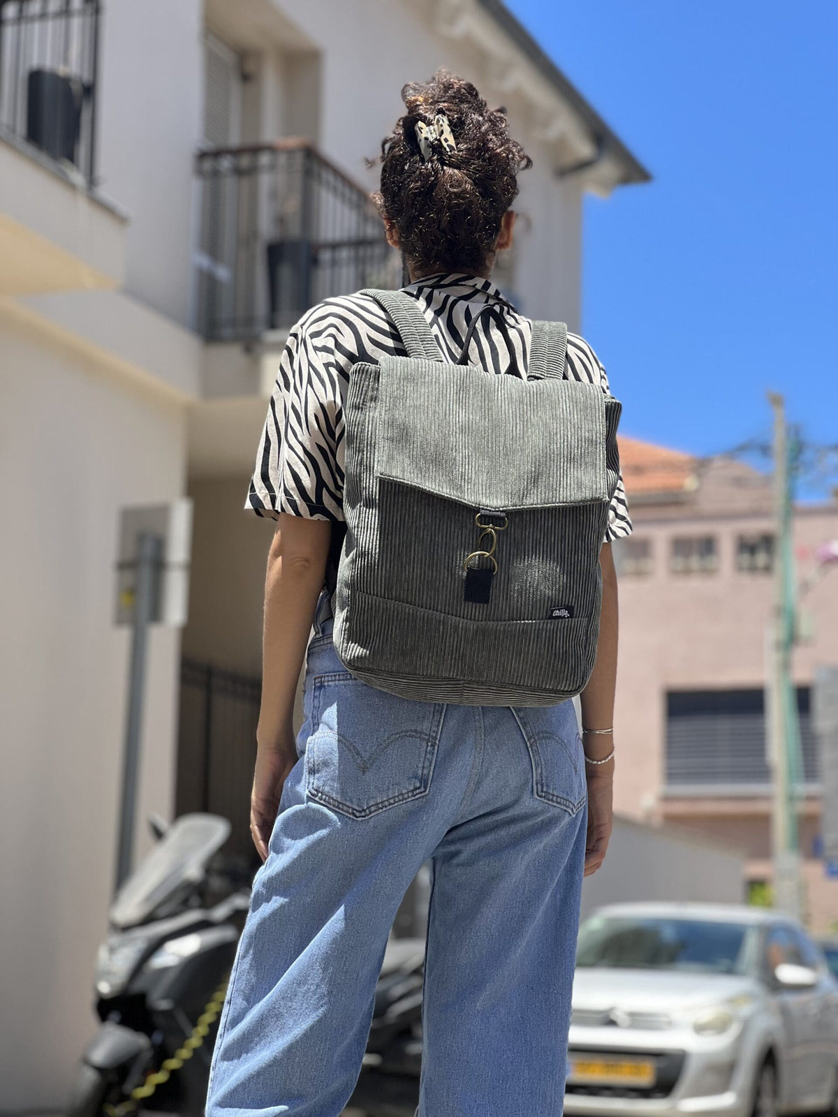Green-Grey Corduroy Medium Students Backpack