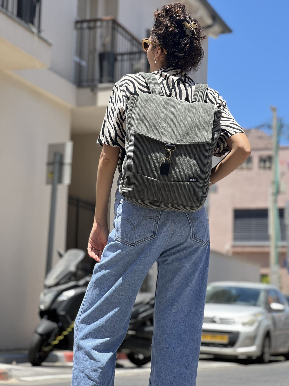 Green-Grey Corduroy Medium Students Backpack