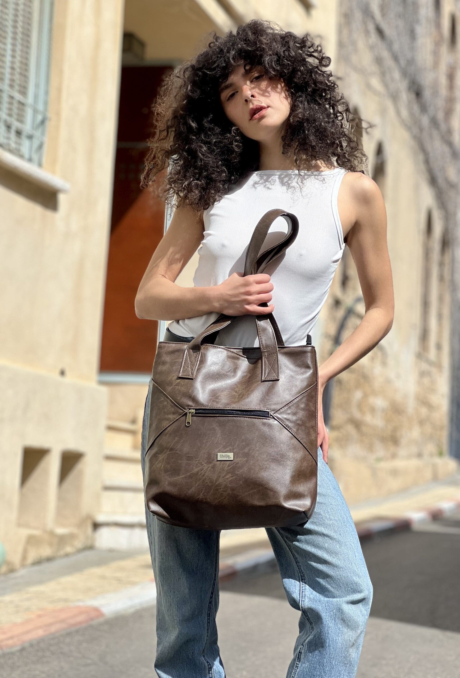 Brown Leather-Like Large Tommy Side Bag