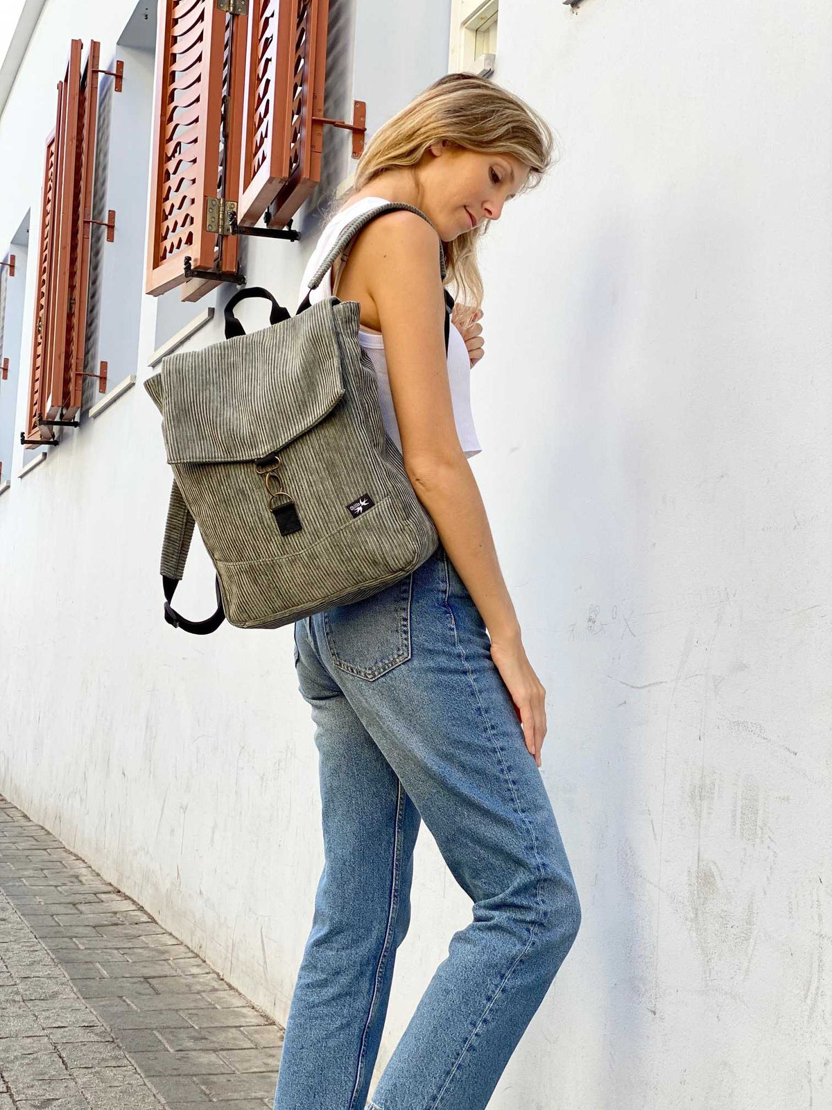 Green-Grey Corduroy Medium Students Backpack