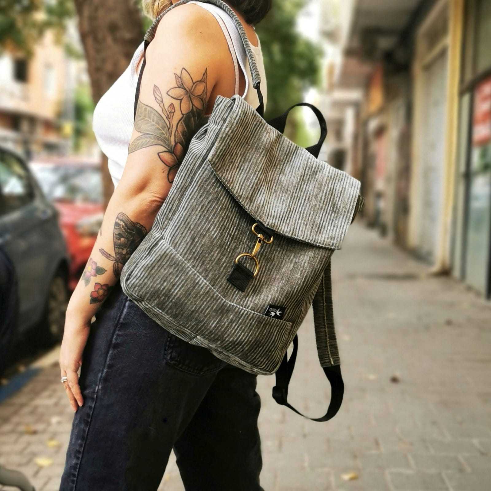 Gray-Green Corduroy Mini Students Backpack