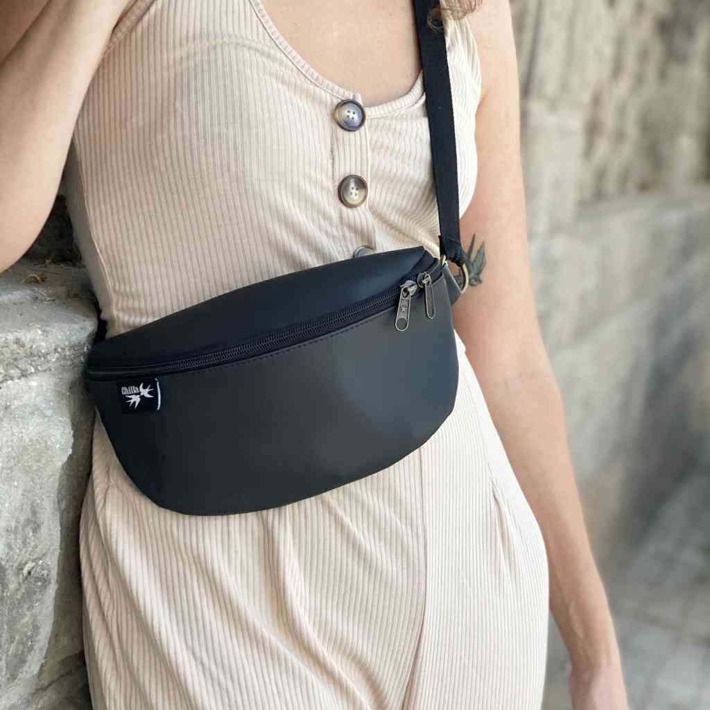 Matte Black Imitation Leather Helga Fanny Pack