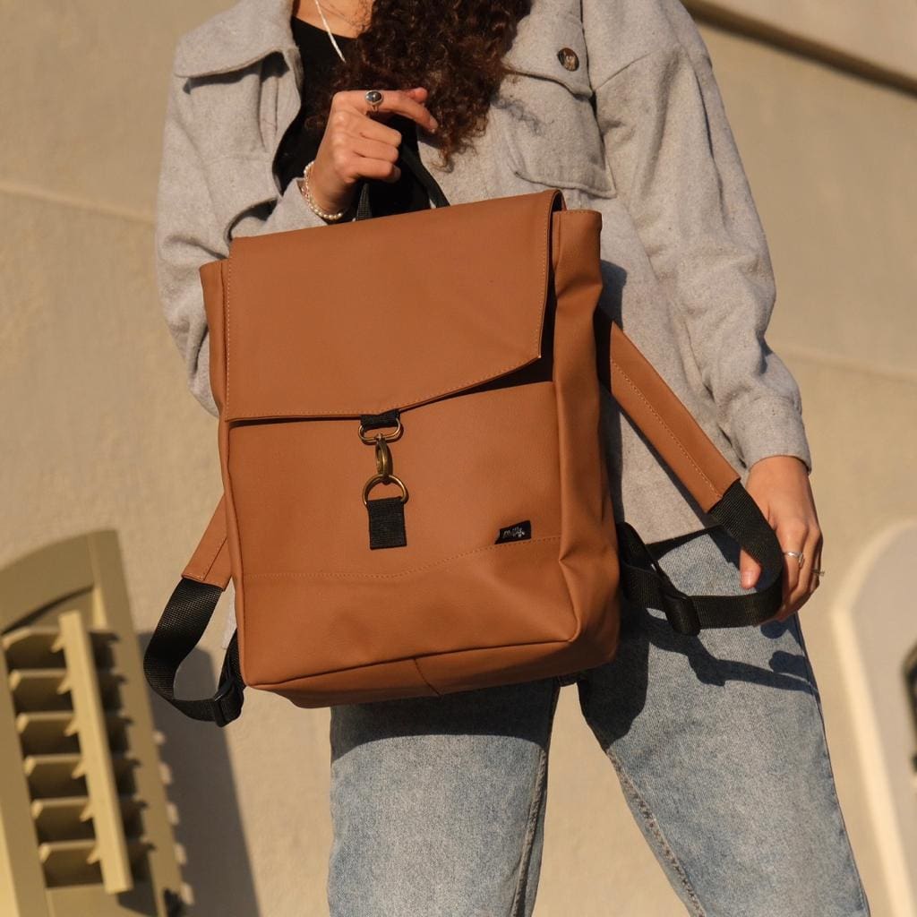 Camel Textured Leather-like Medium Students Backpack