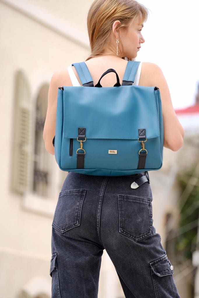 Turquoise Blue Leather-Like Large Jaffa Backpack/Side Bag