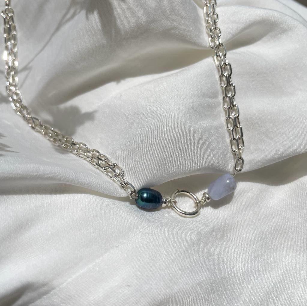 Choker necklace 'Mikey' silver 925 and blue pearl