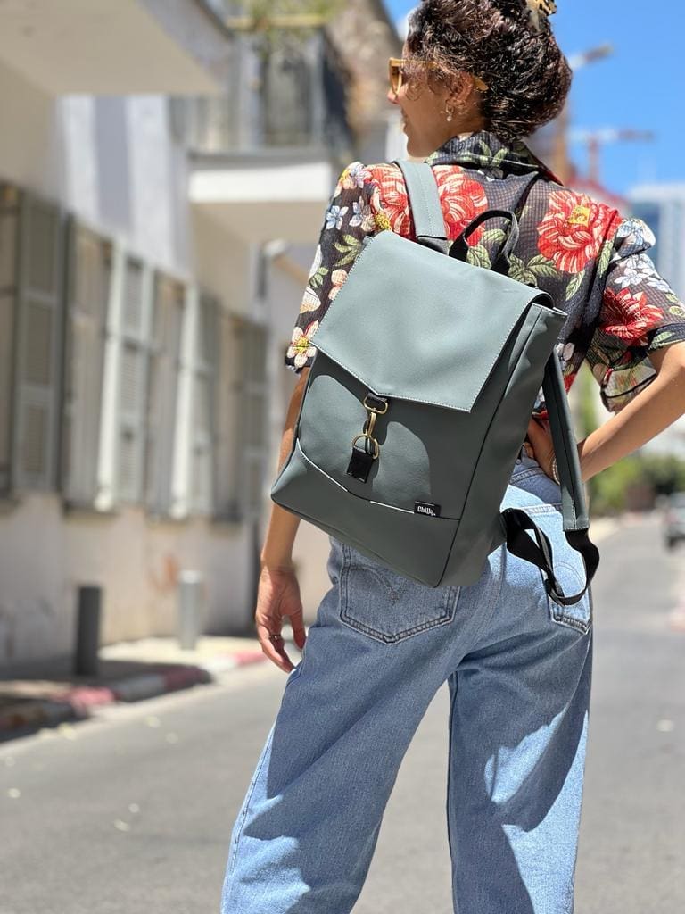 Dark Gray-Green Leather-like Medium Students Backpack