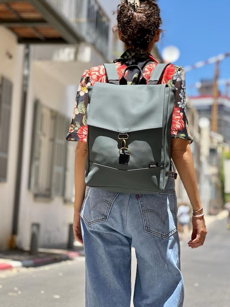Dark Gray-Green Leather-like Medium Students Backpack