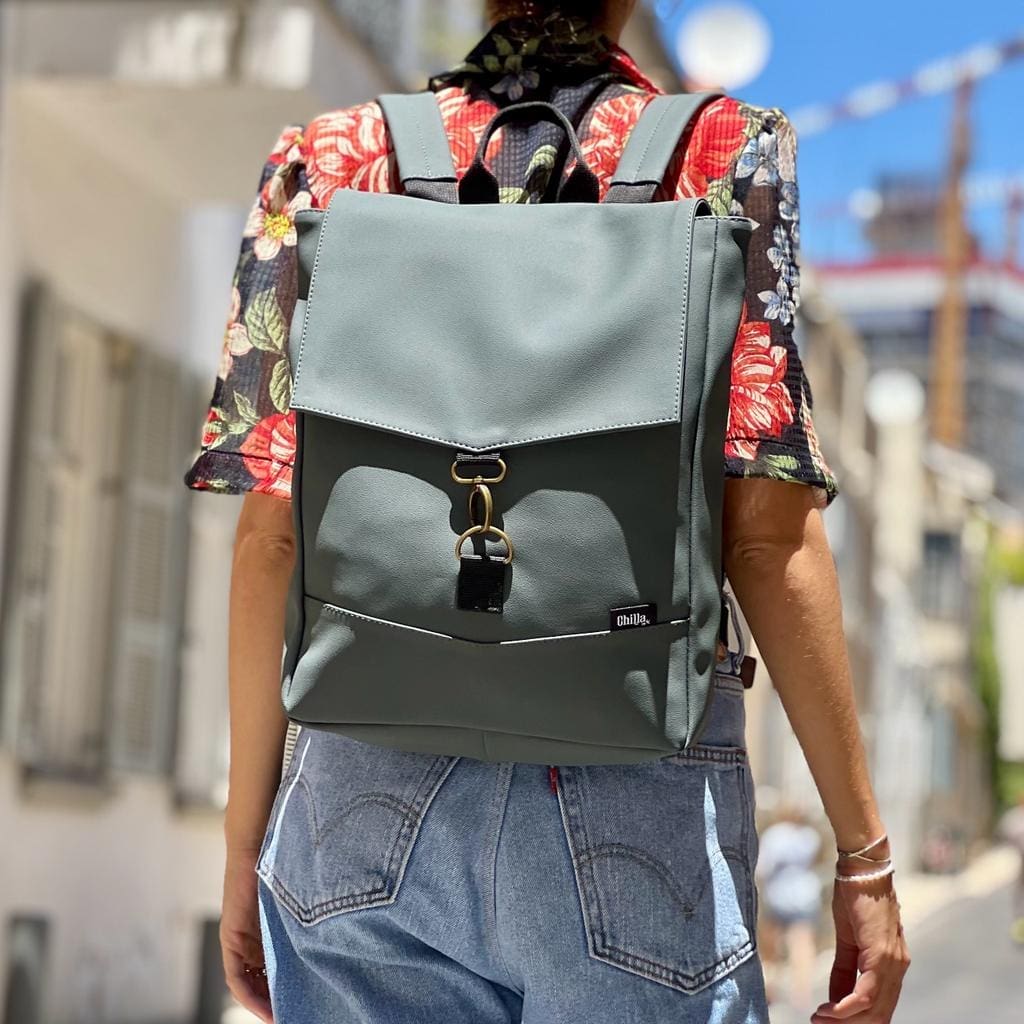 Dark Gray-Green Leather-like Medium Students Backpack