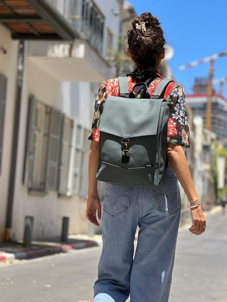 Dark Gray-Green Leather-like Medium Students Backpack