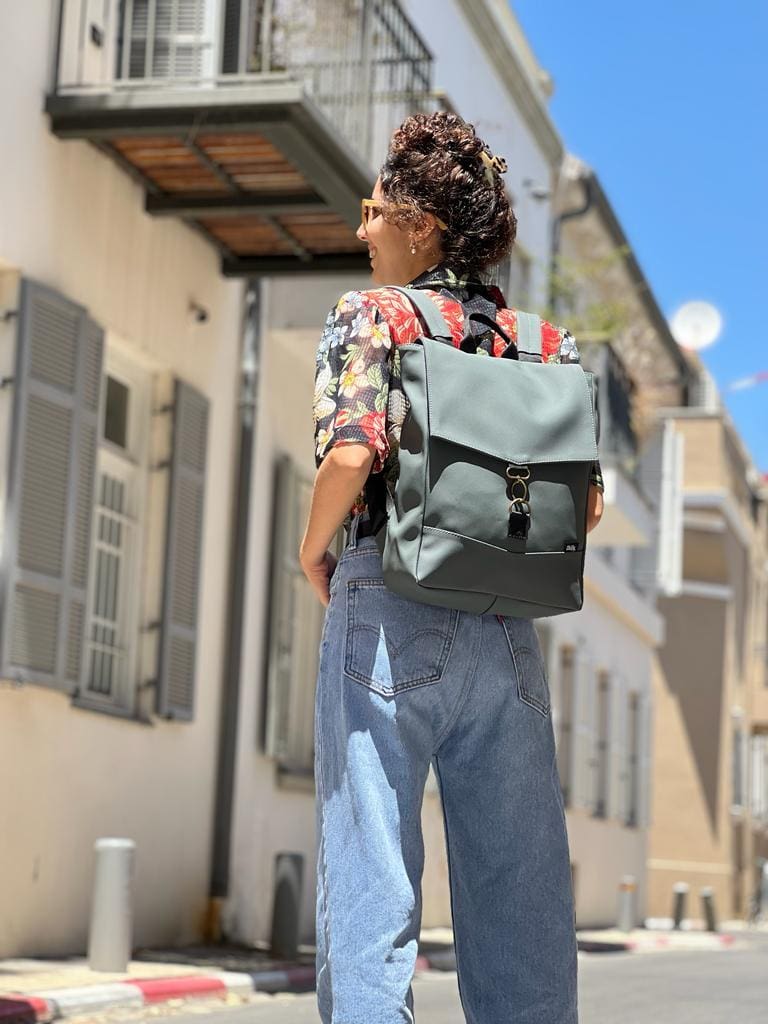 Dark Gray-Green Leather-like Medium Students Backpack