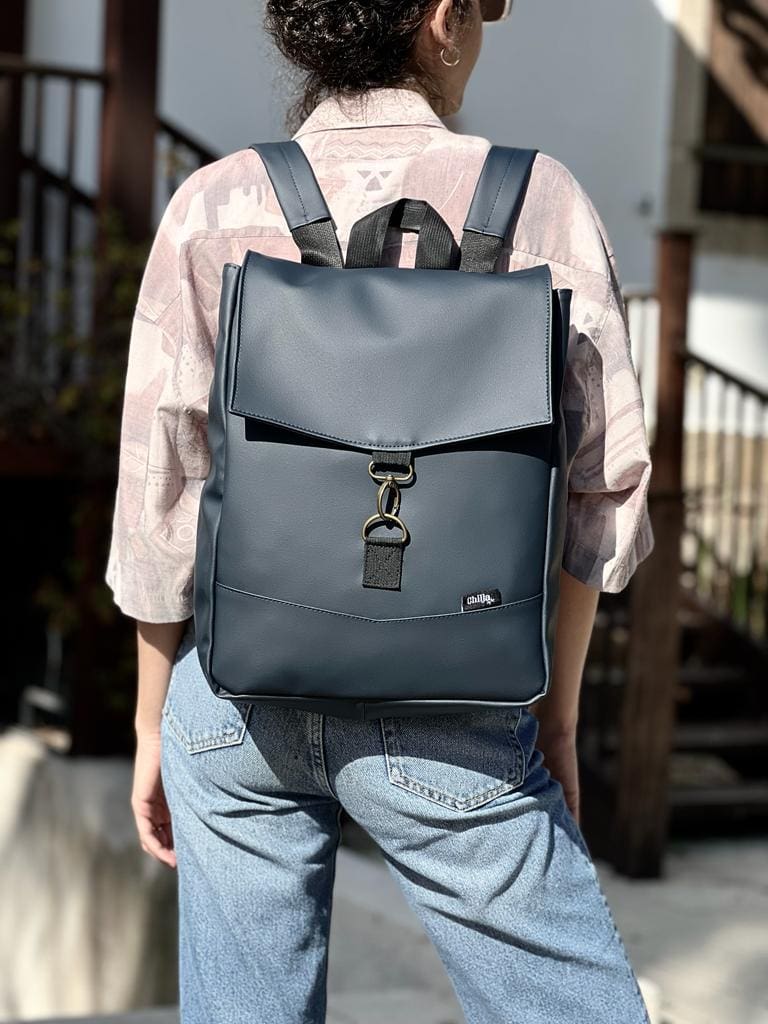 Dark Blue Leather-like Medium Students Backpack