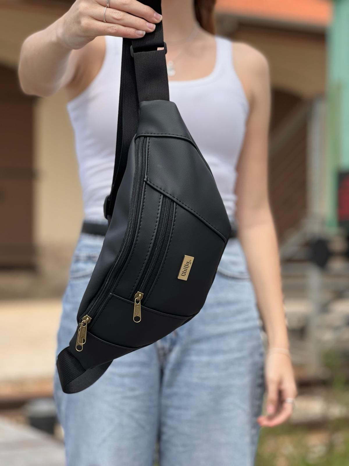 Matte Black Leather-Like Large Roni Fanny Pack