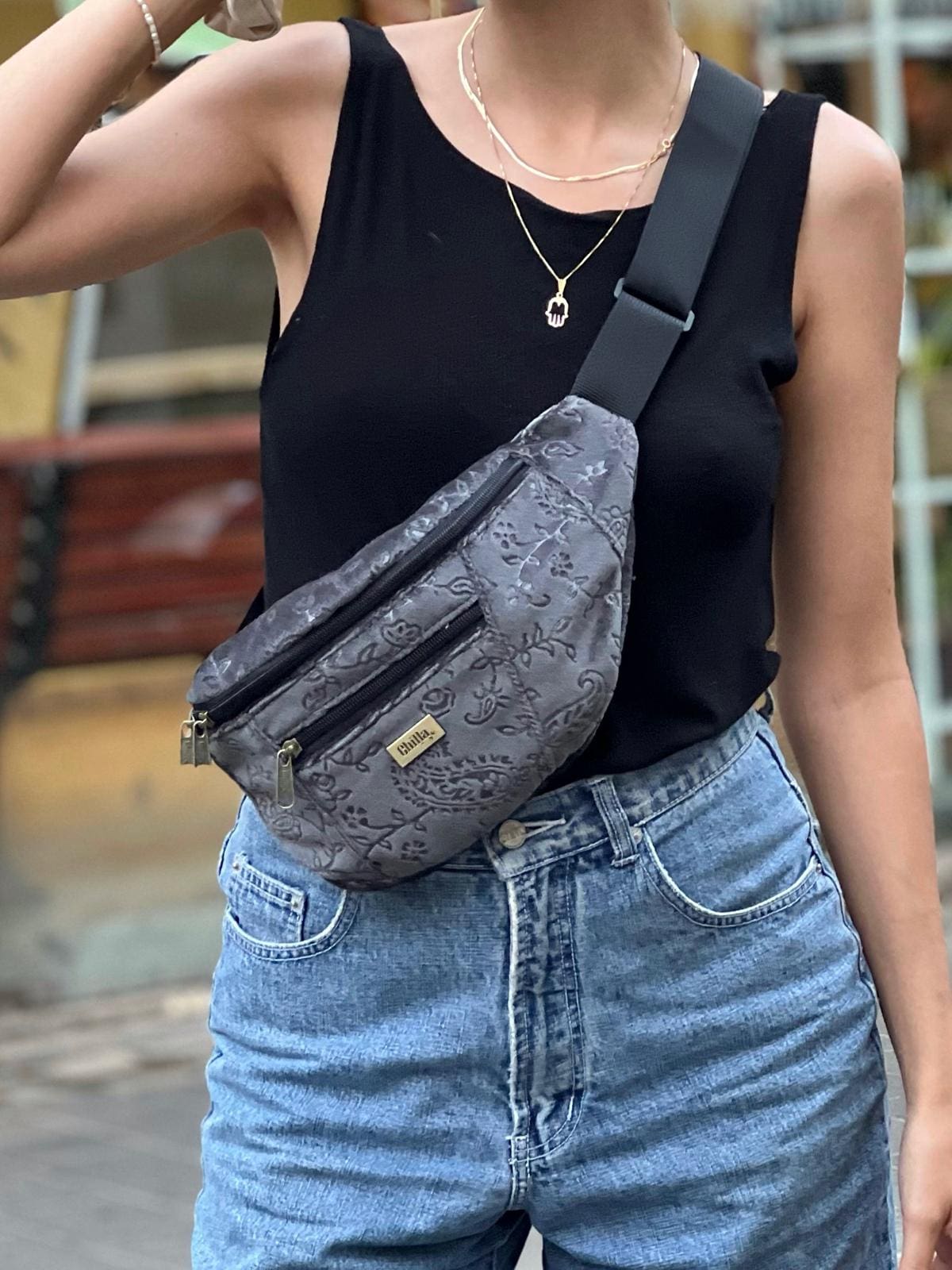 Gray Velvet with Decorations Large Roni Fanny Pack