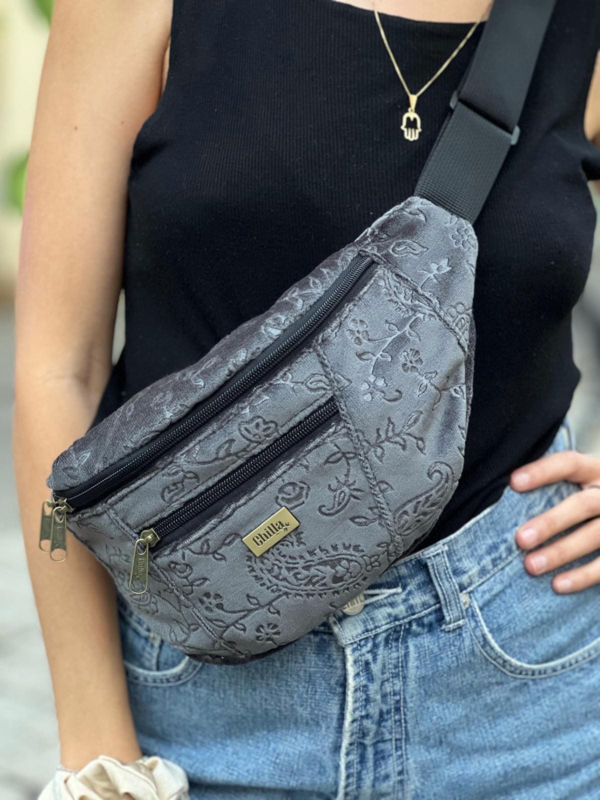Gray Velvet with Decorations Large Roni Fanny Pack