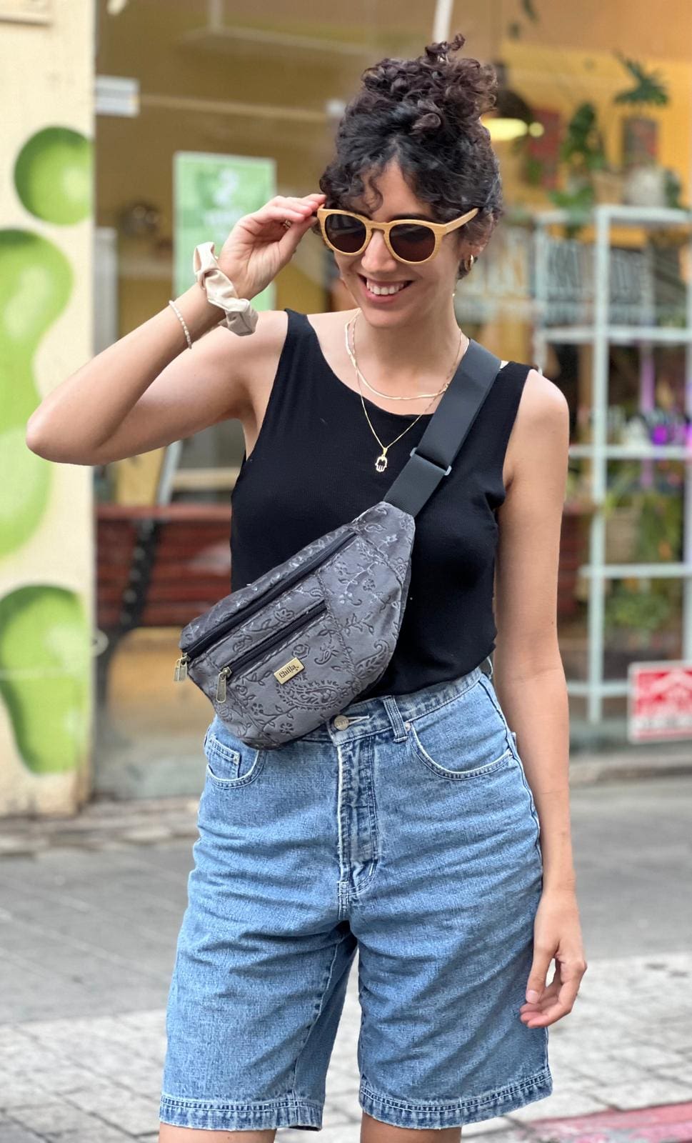 Gray Velvet with Decorations Large Roni Fanny Pack