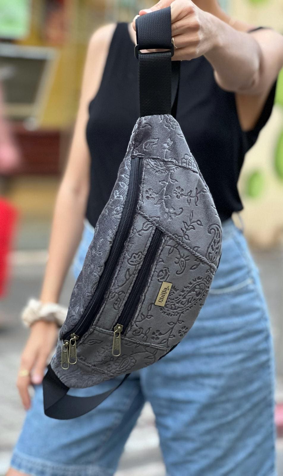 Gray Velvet with Decorations Large Roni Fanny Pack