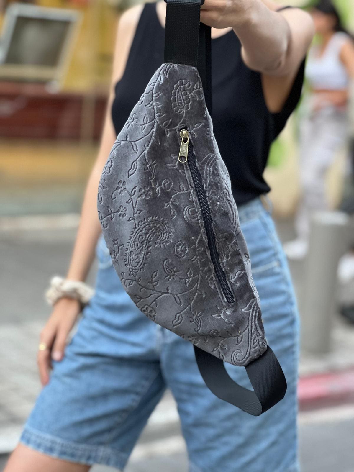 Gray Velvet with Decorations Large Roni Fanny Pack