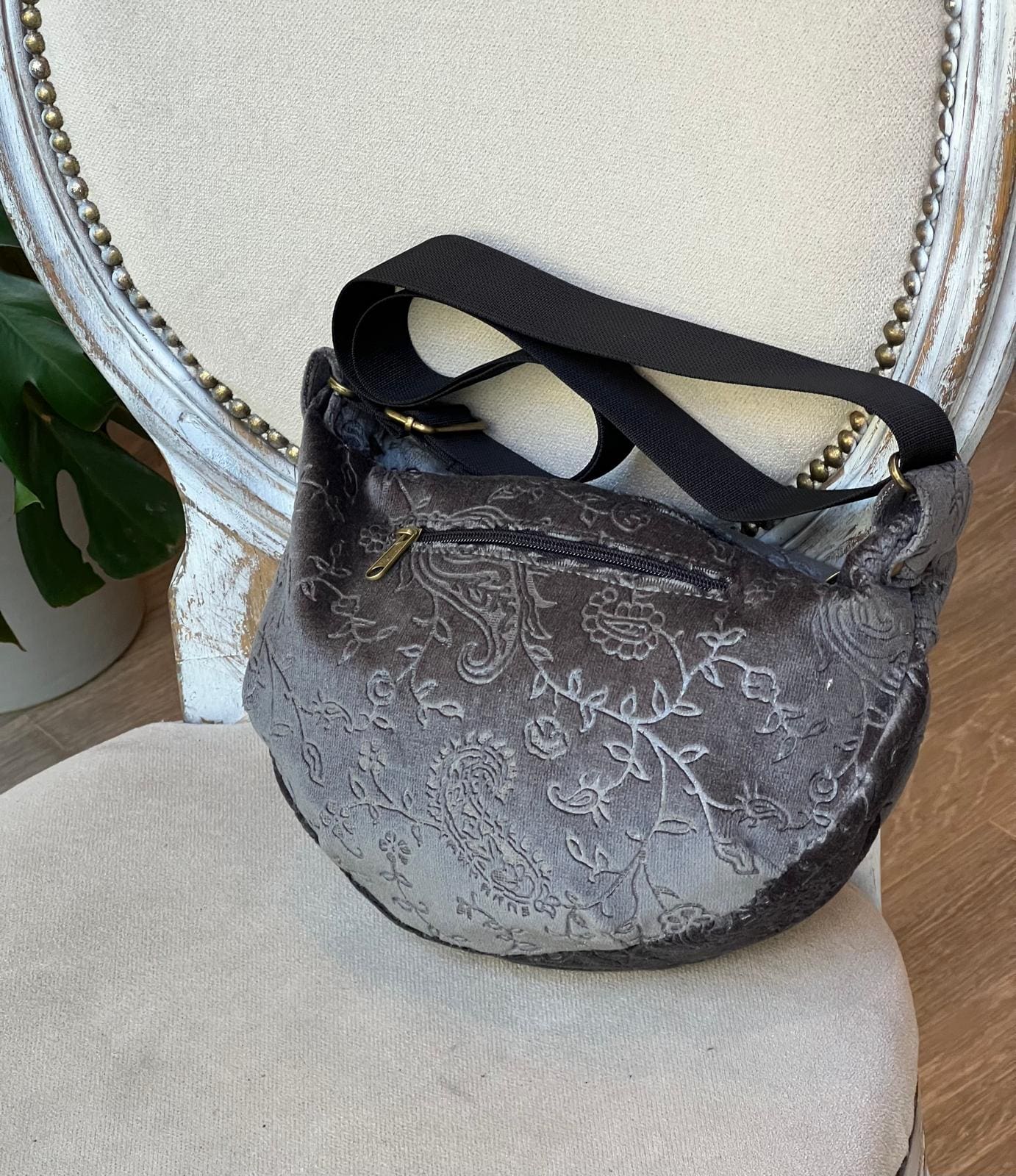 Side bag with velvet embellishments