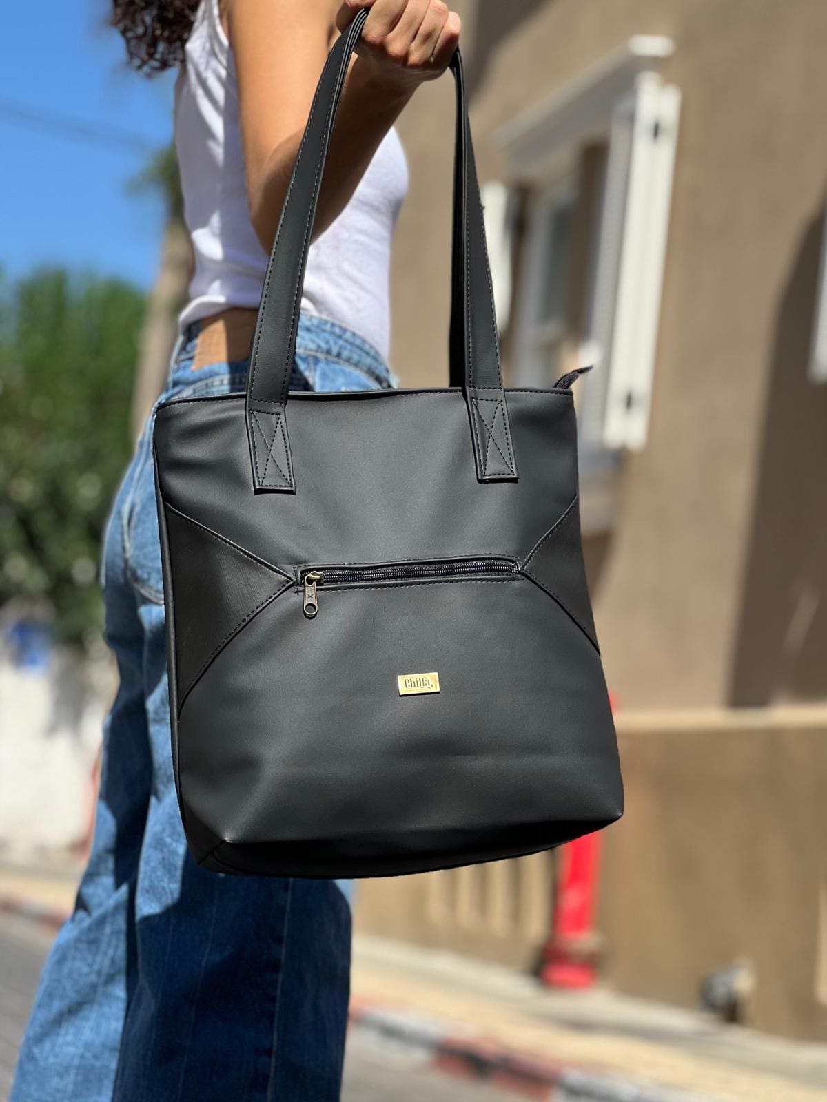 Black Leather-Like Tommy Side Bag