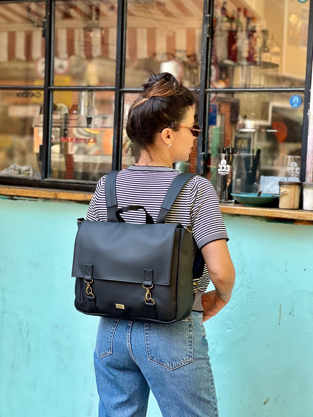 Black Matte Leather-Like Large Jaffa Backpack/Side Bag
