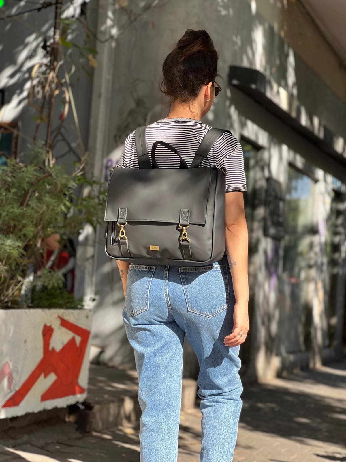 Black Matte Leather-Like Large Jaffa Backpack/Side Bag