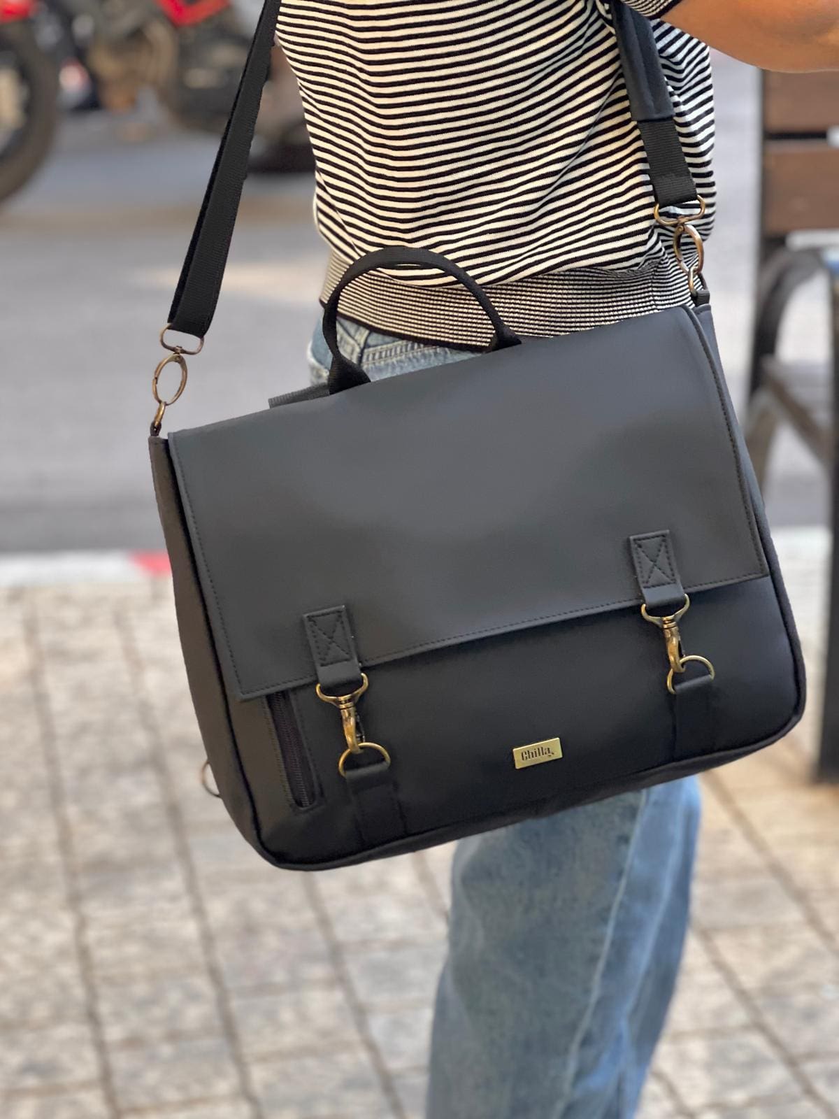 Black Matte Leather-Like Large Jaffa Backpack/Side Bag