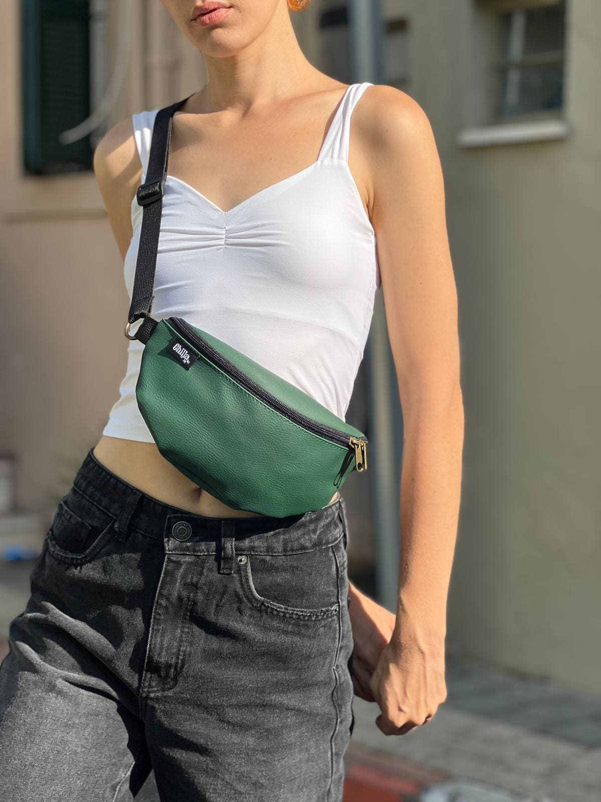 Bottle Green Leather-Like Texture Helga Fanny Pack