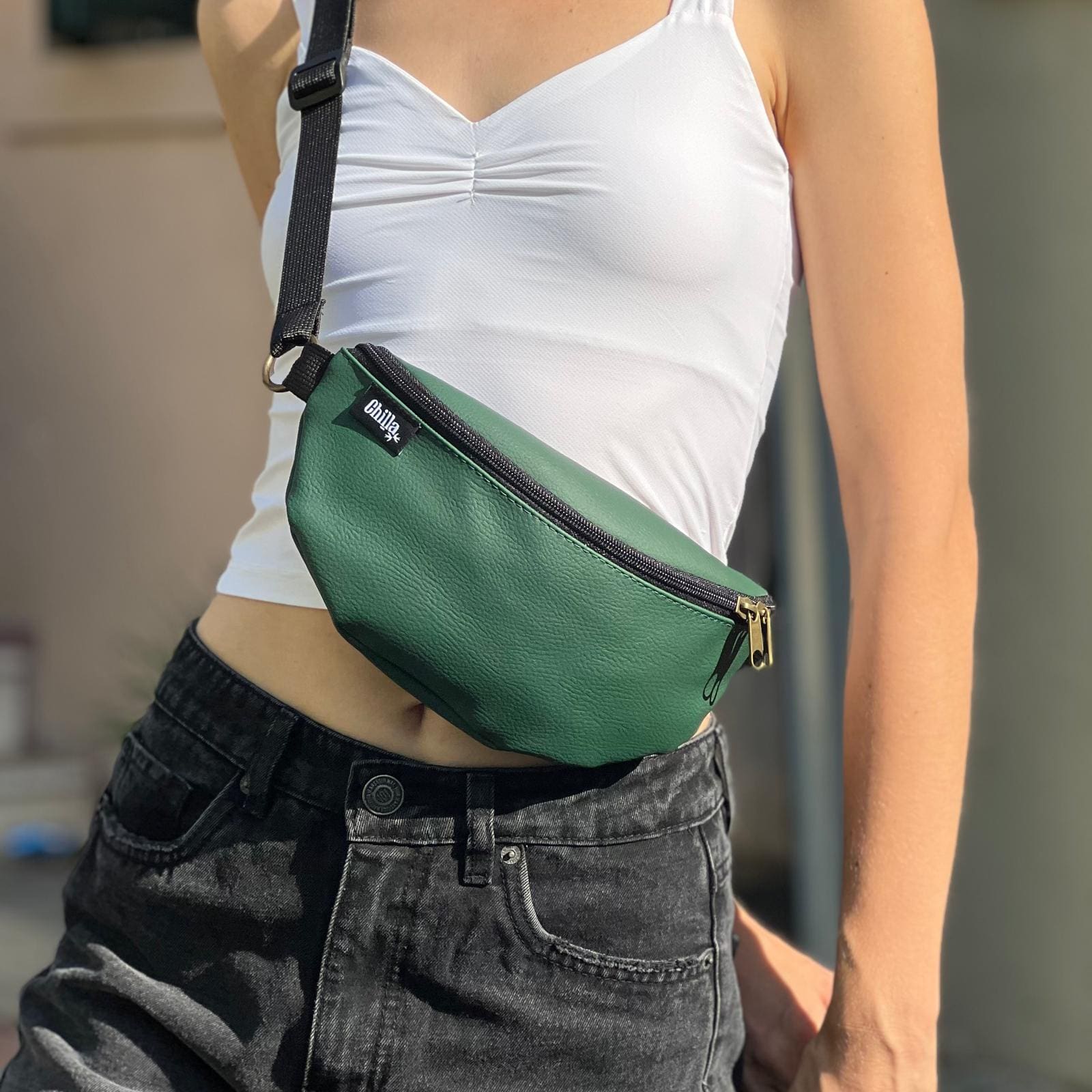 Bottle Green Leather-Like Texture Helga Fanny Pack
