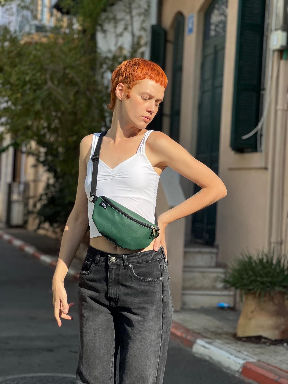 Bottle Green Leather-Like Texture Helga Fanny Pack