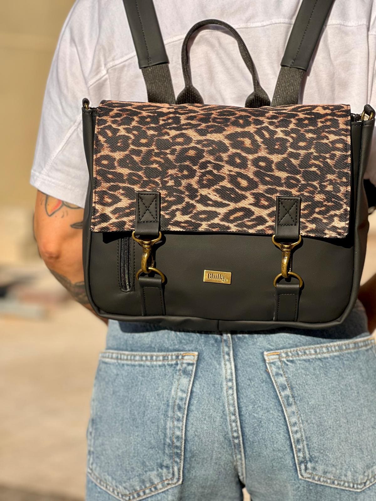 Leopard Black Jaffa Backpack/Side Bag