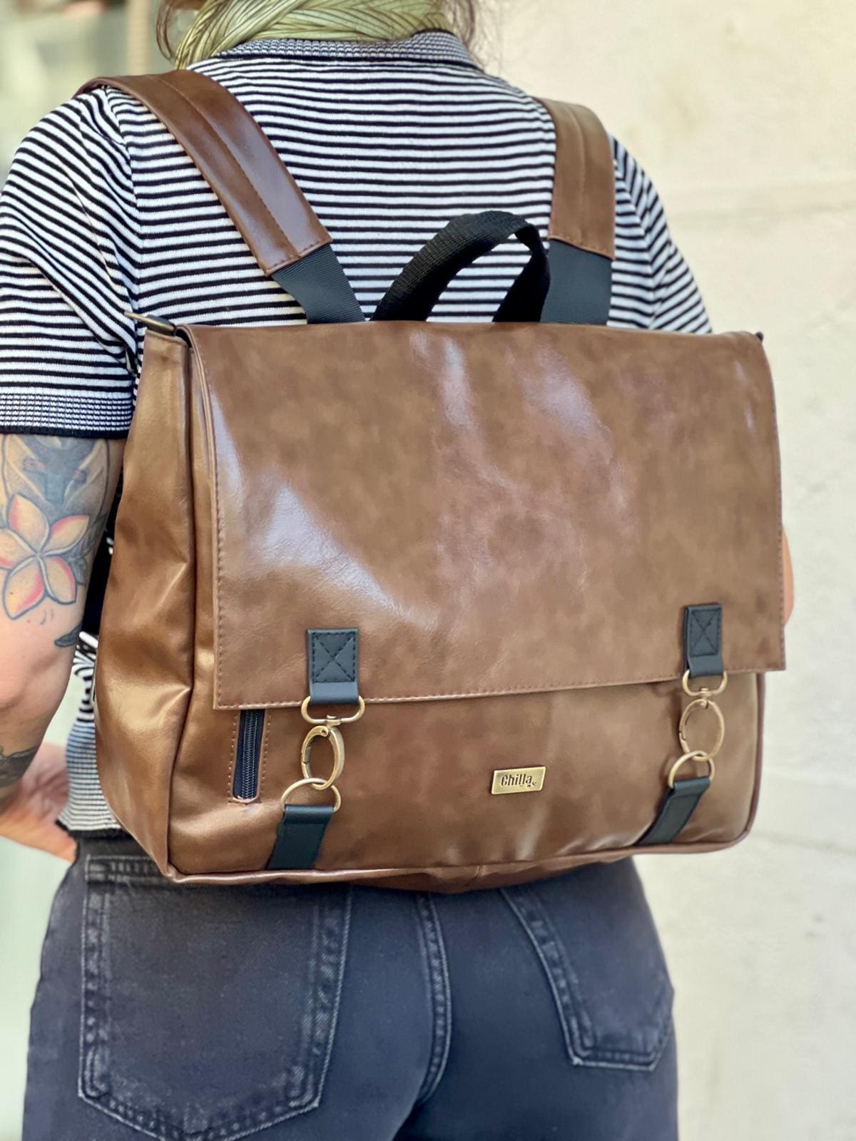 Glossy Brown Large Jaffa Backpack/Side Bag