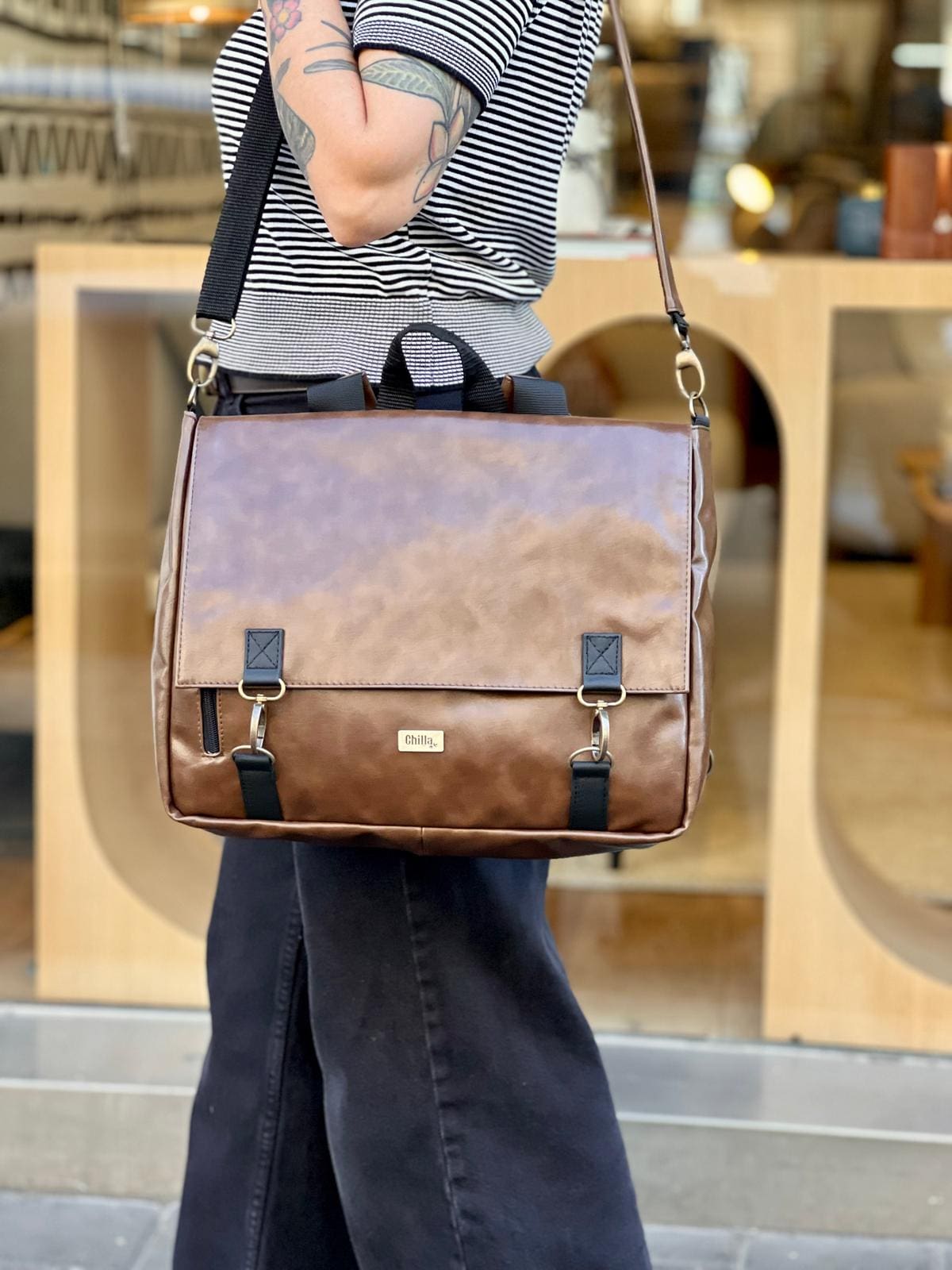 Glossy Brown Large Jaffa Backpack/Side Bag