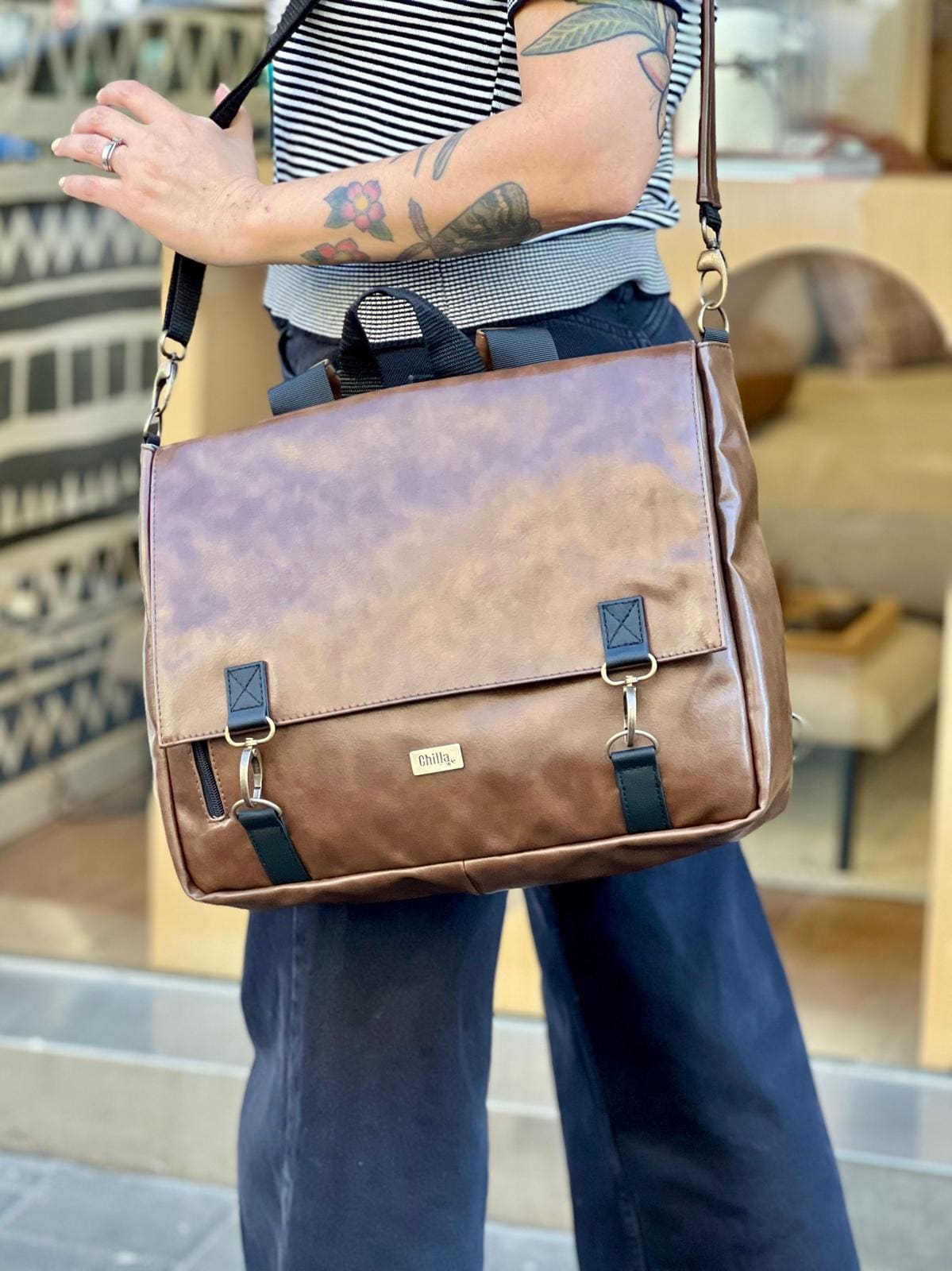 Glossy Brown Large Jaffa Backpack/Side Bag