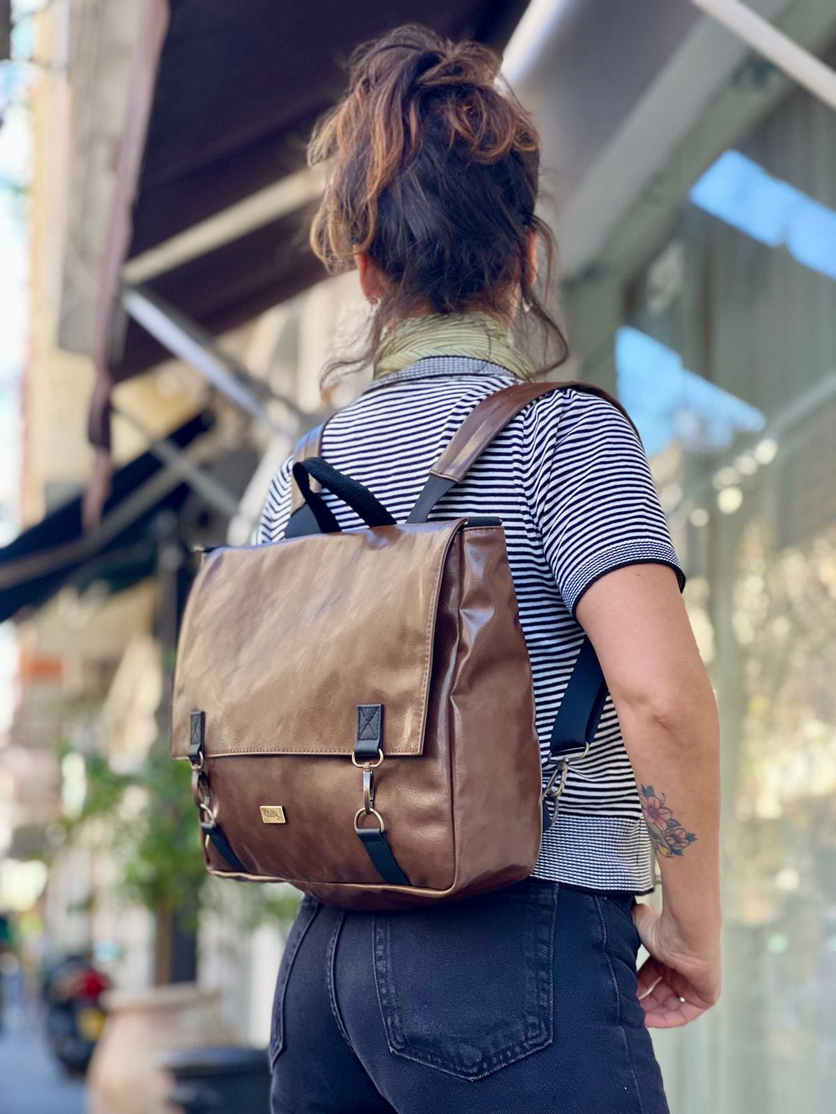 Glossy Brown Large Jaffa Backpack/Side Bag