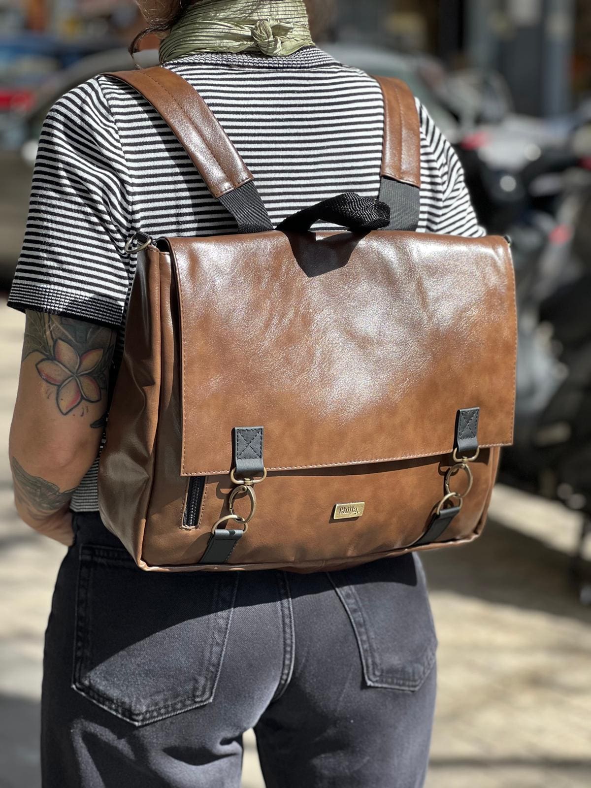 Glossy Brown Large Jaffa Backpack/Side Bag