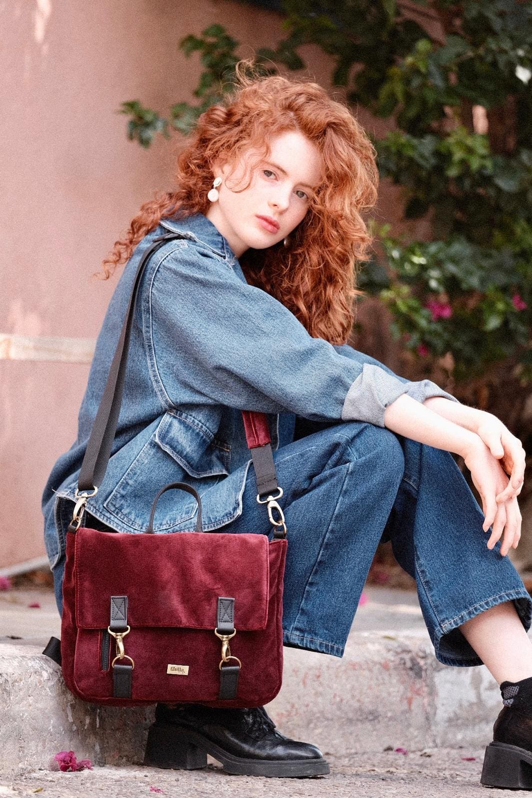 Burgundy Velvet Jaffa Backpack/Side Bag