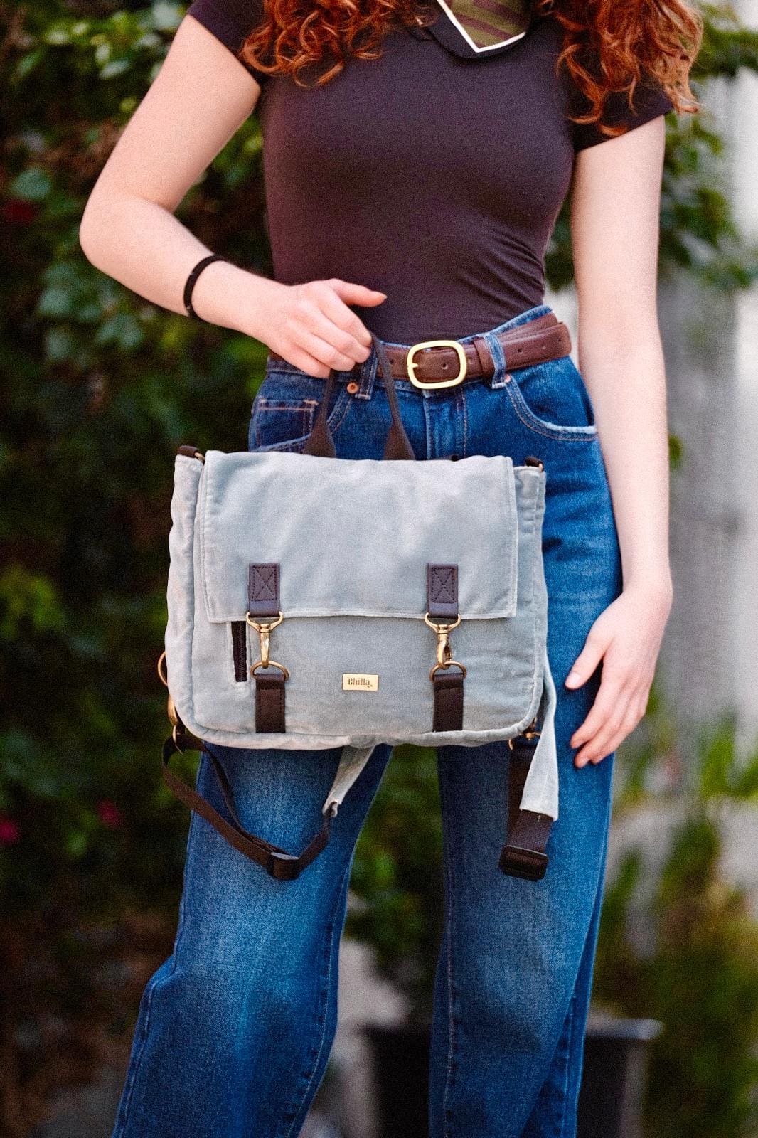 Light Blue Velvet Jaffa Backpack/Side Bag