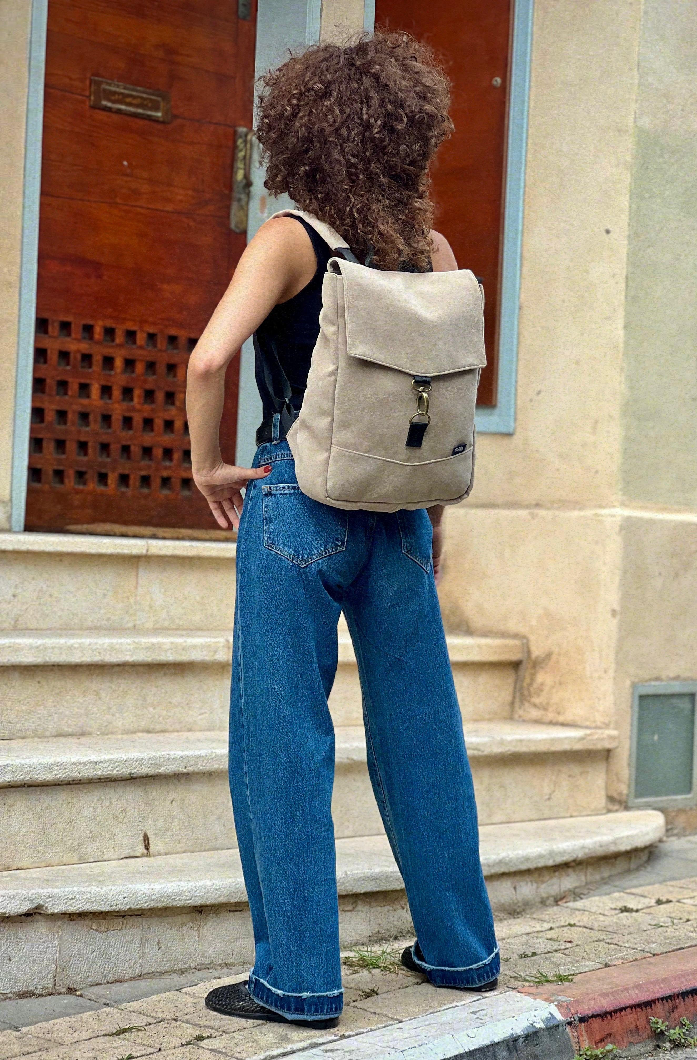 Cream Suede-Like Medium Students Backpack