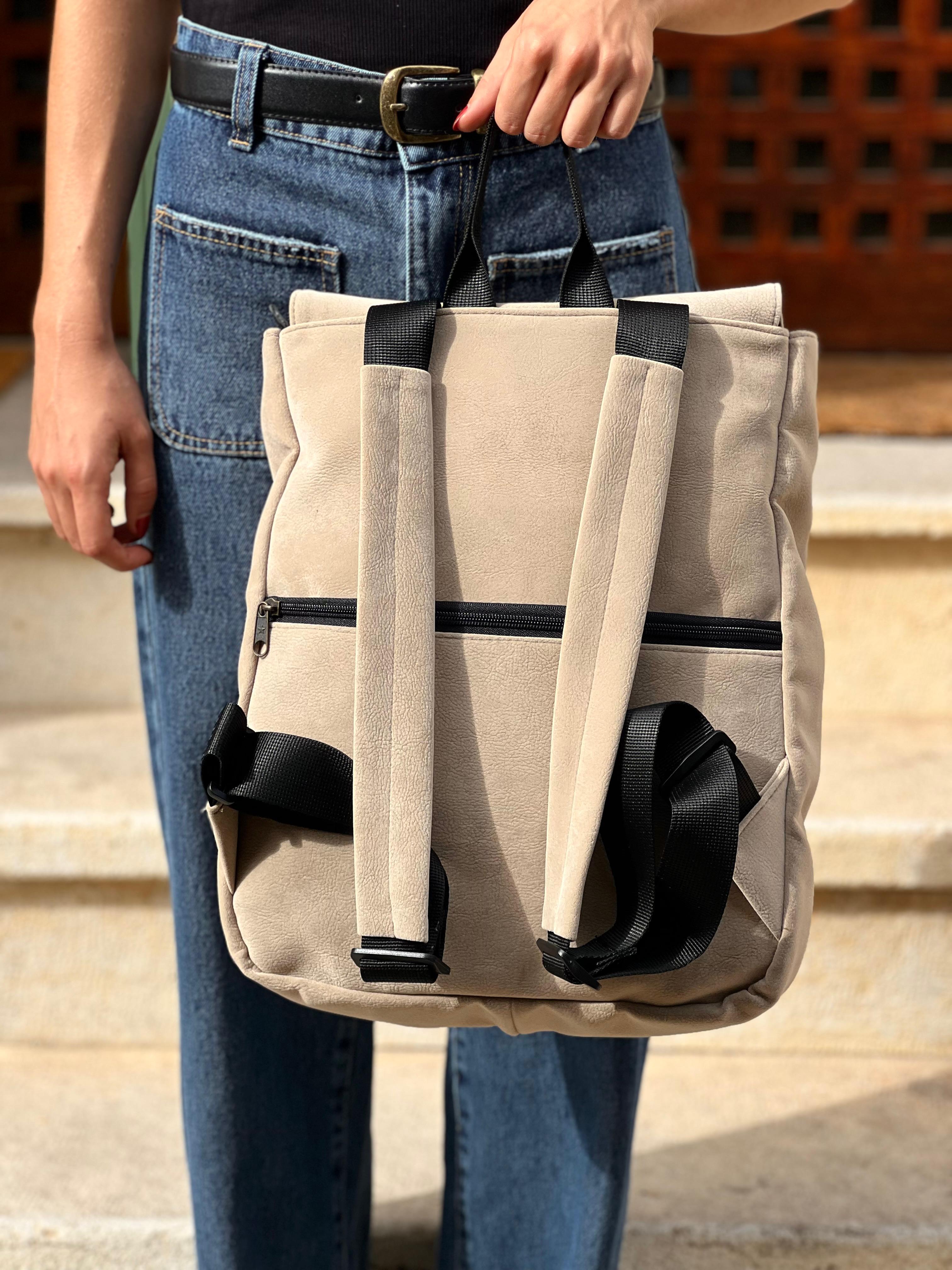 Cream Suede-Like Medium Students Backpack