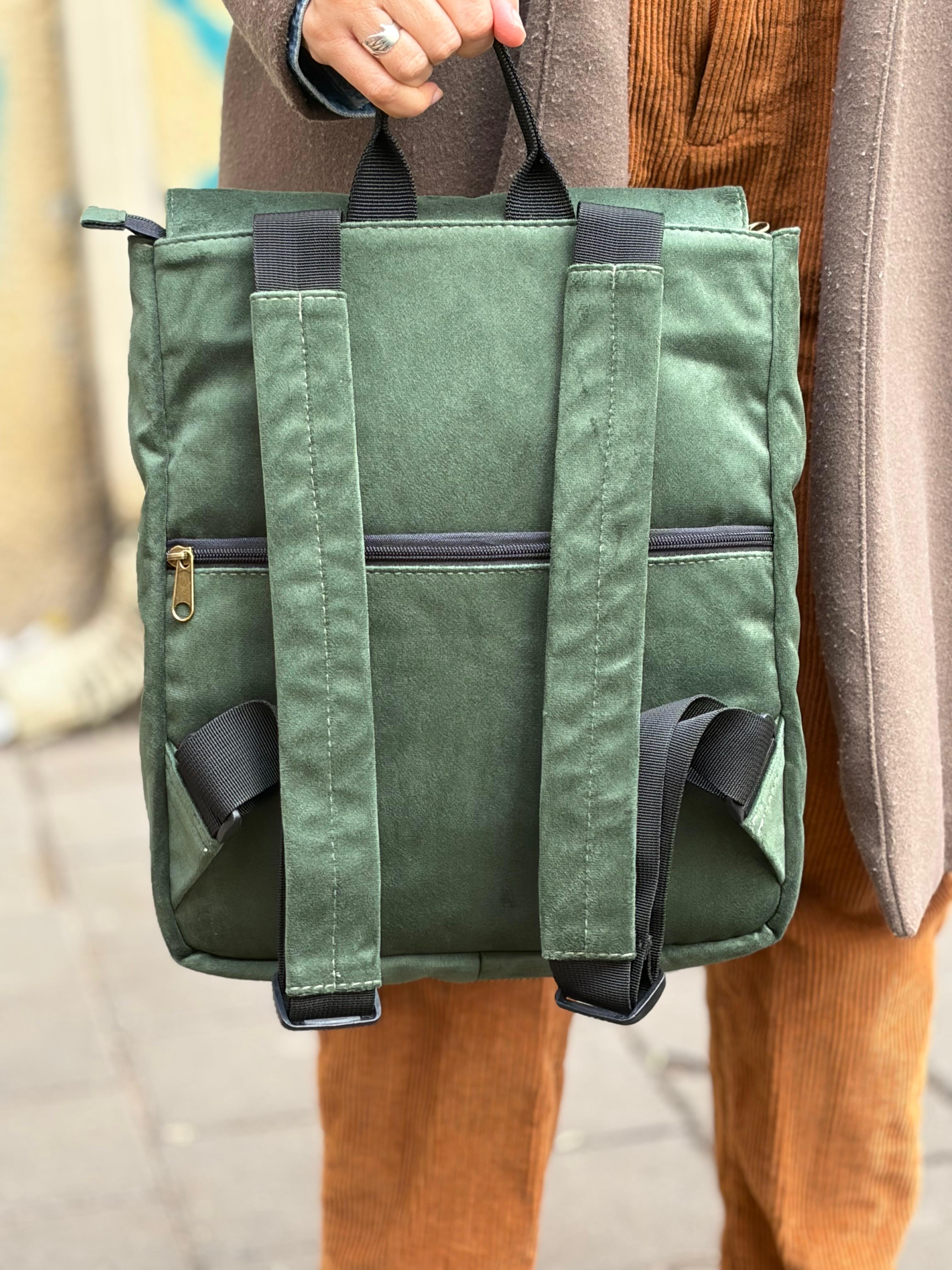 Bottle Green Velvet Mini Students Backpack