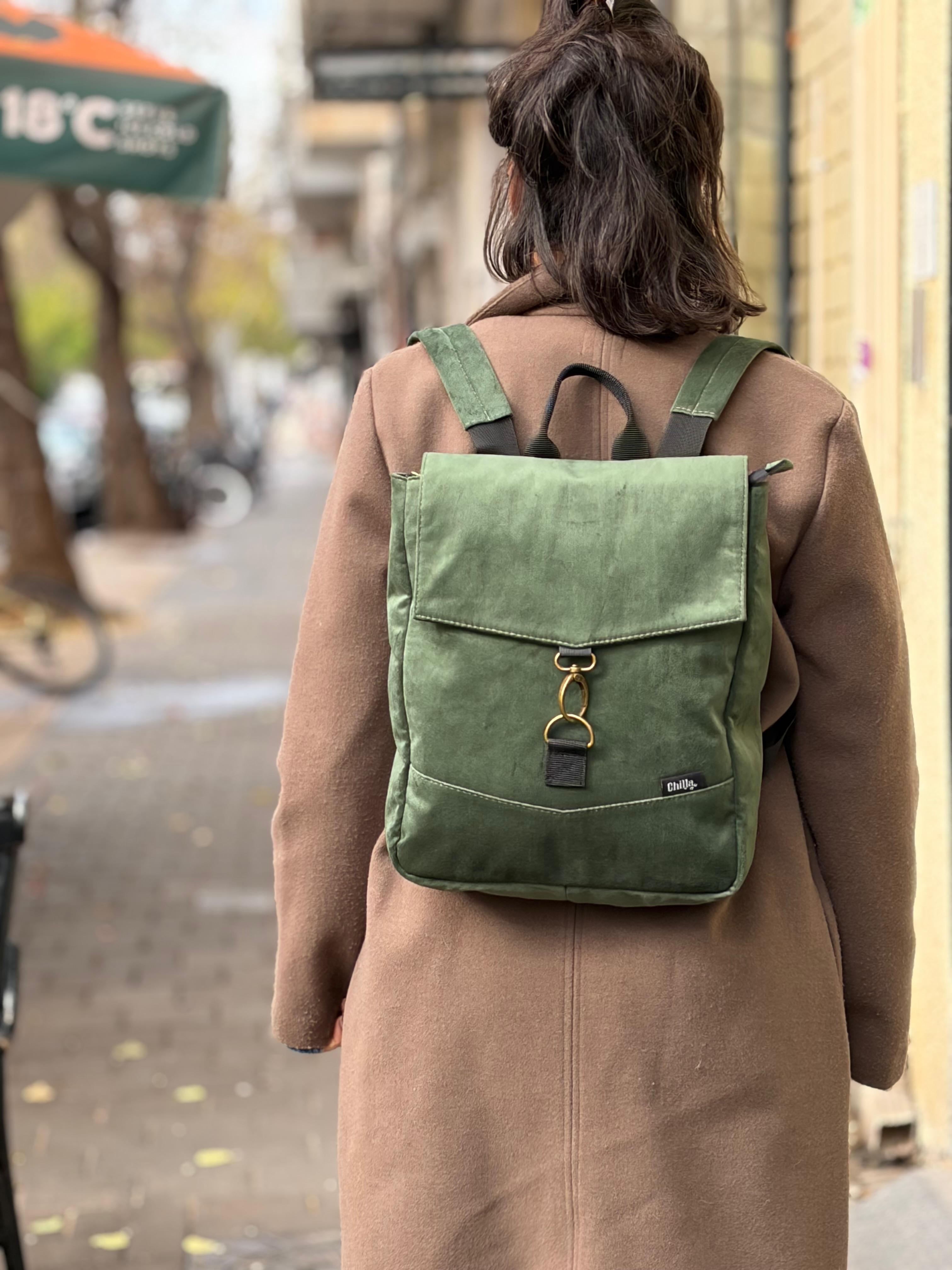 Bottle Green Velvet Mini Students Backpack