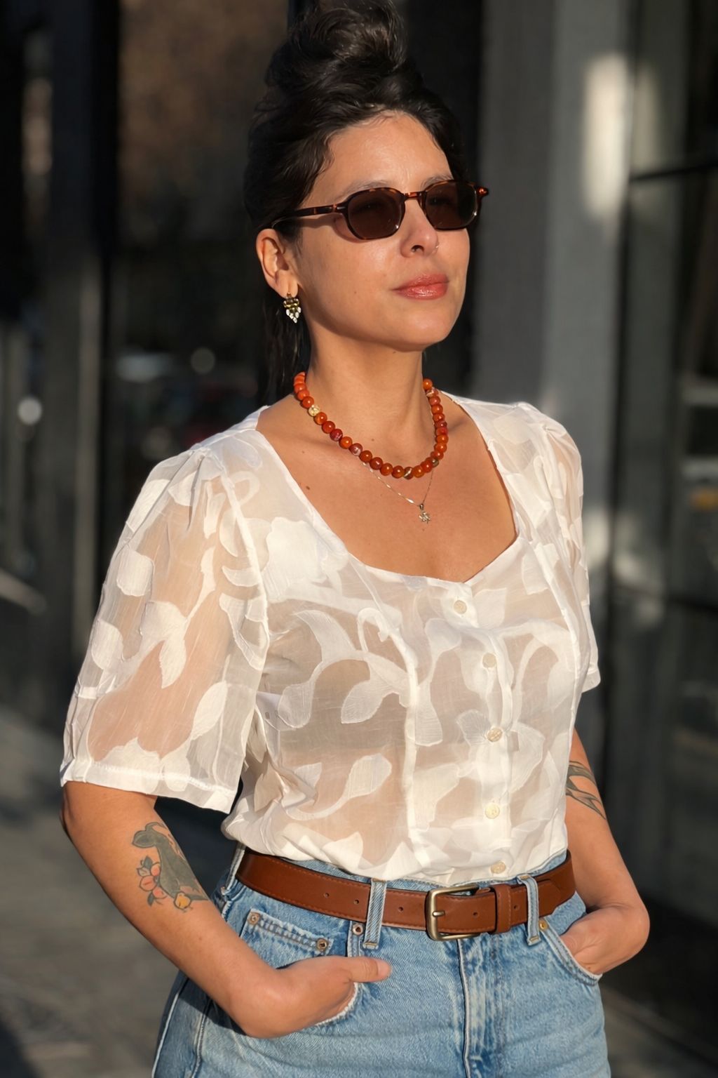 White Sheer Festive Chiffon Elizabeth Button-Up Shirt